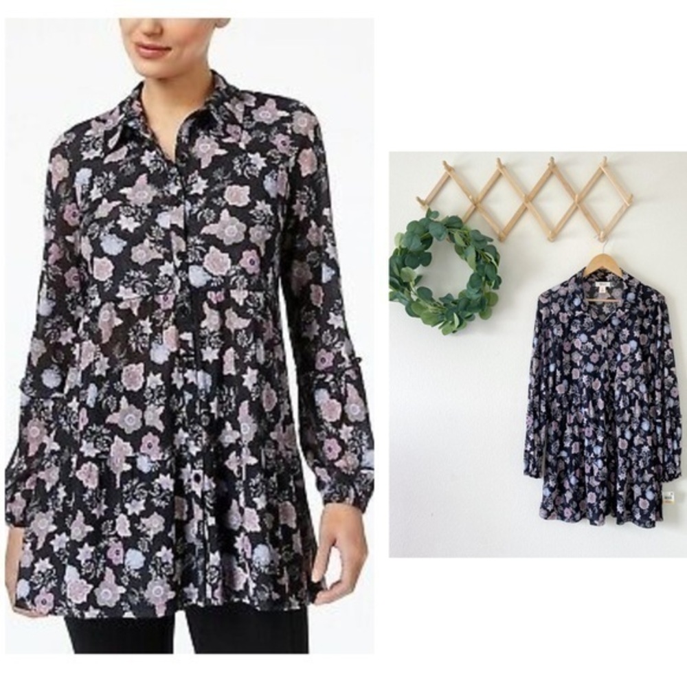 Style & Co Peasant Swing Floral Long Sleeve Top Mesh NWT Medium